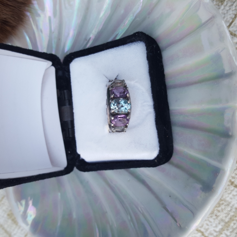 Antique Faberge 925 Blue Topaz, Amethyst, White Sapphire Ring band